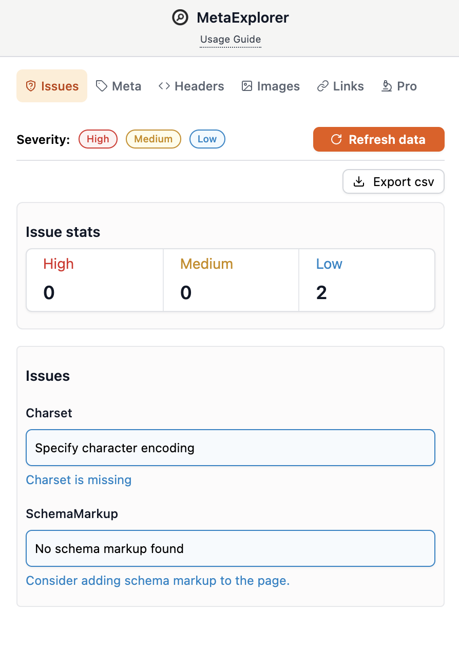 Issues page in Meta Explorer
