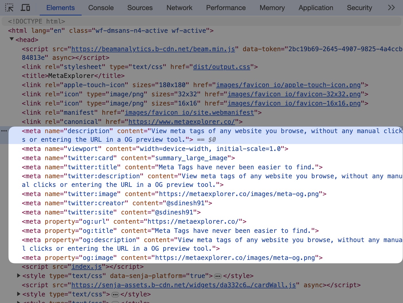Meta tags in Chrome developer tools