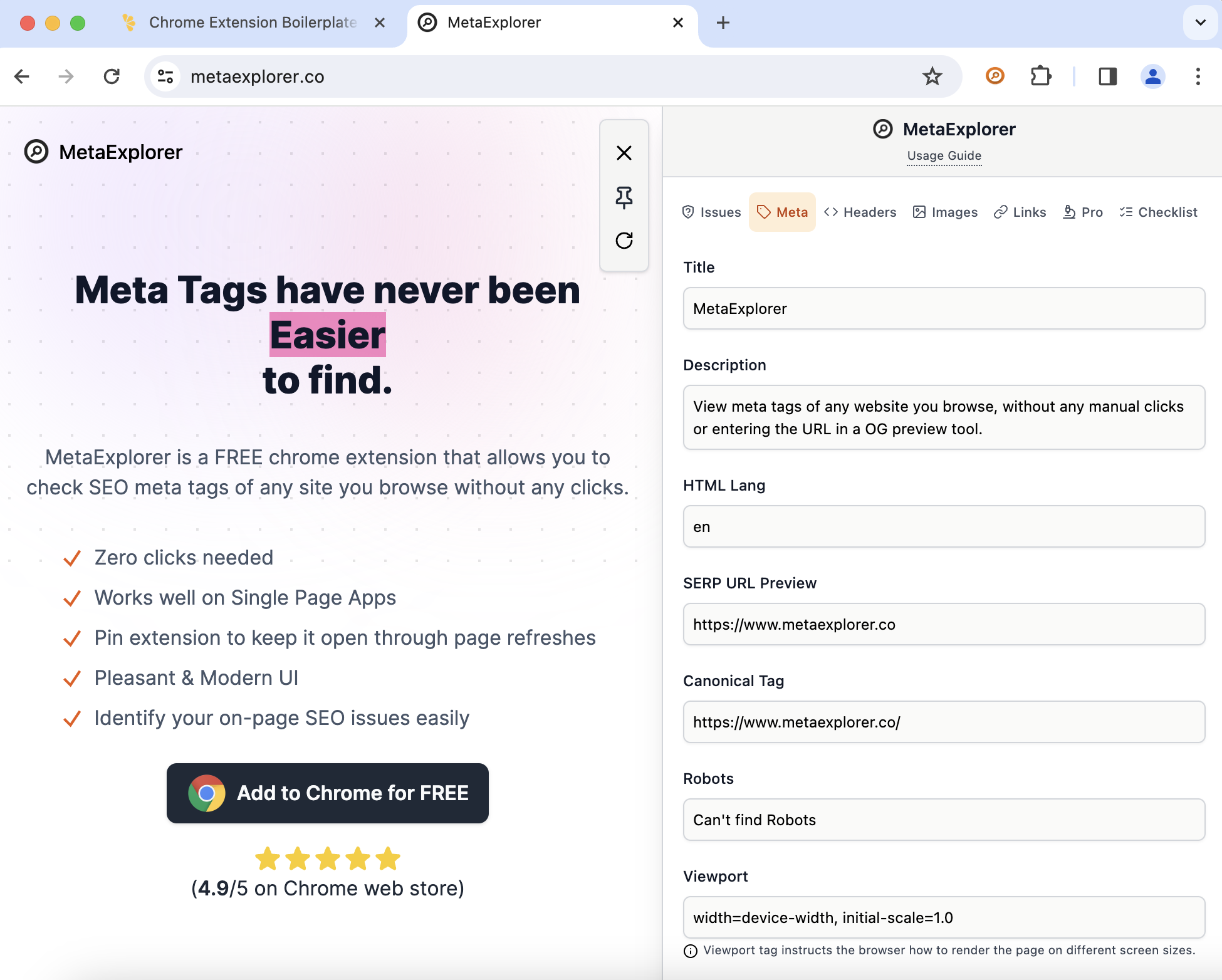 Meta tab in Meta Explorer Chrome extension